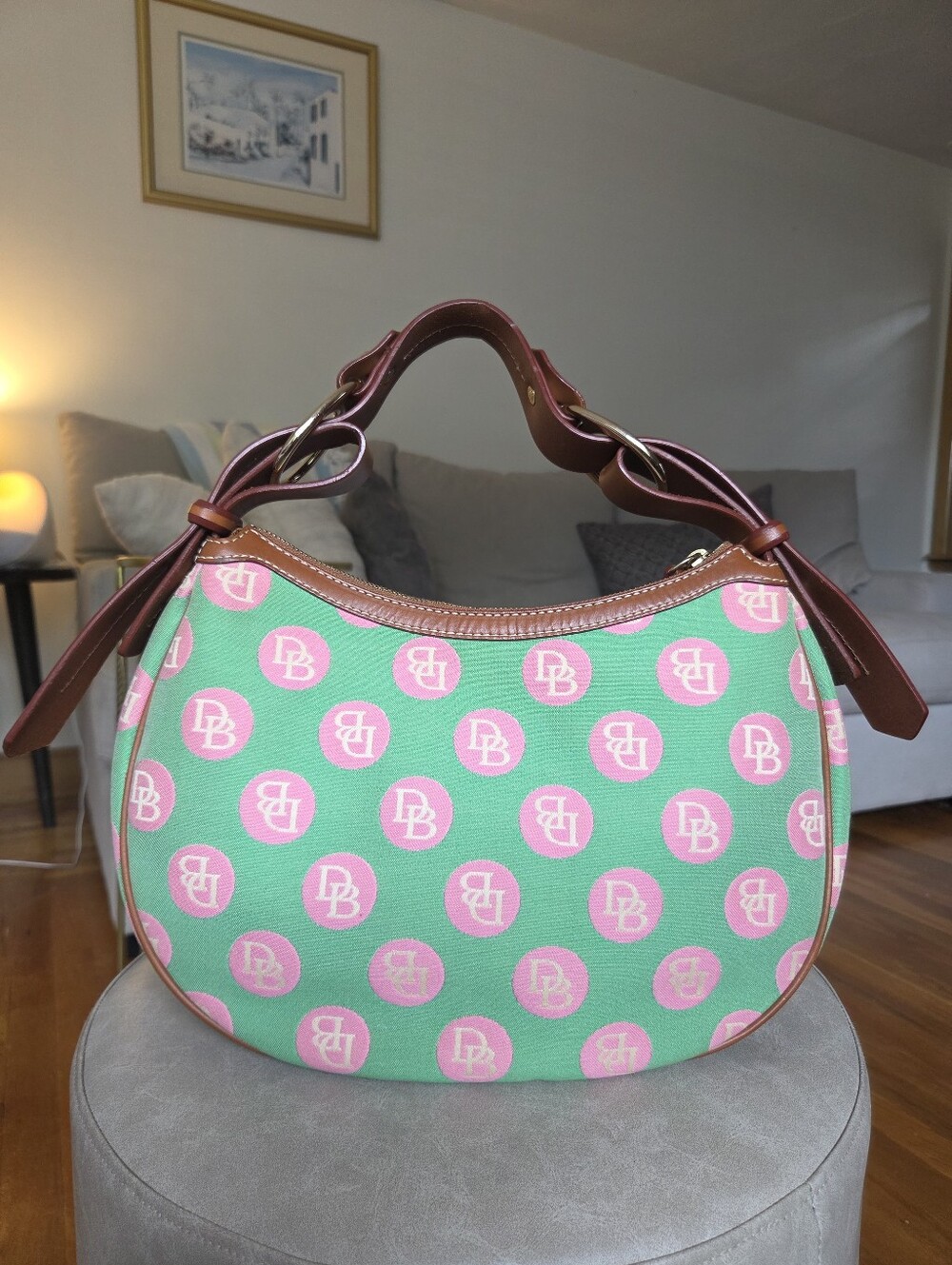 Dooney & Bourke Y2K Vintage Hobo Bag Monogram Polka Dot Pink Green Palm Beach - Picture 2 of 12